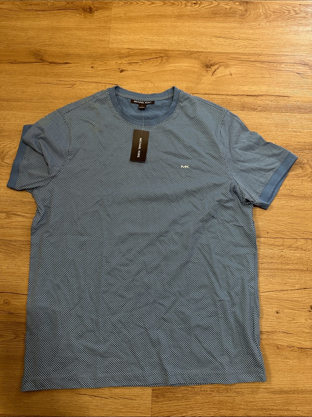 Michael Kors Short-Sleeve Microdot Crew Neck Tee in Light Blue - Picture 1 of 6